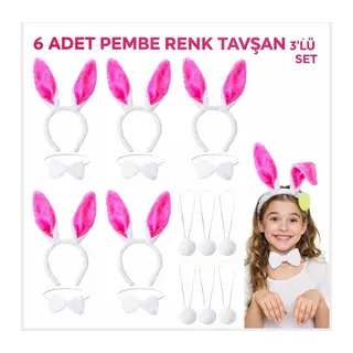 Şeker Pembesi Tavşan Sahne Seti 6'lı Set Taç Papyon Kuyruk