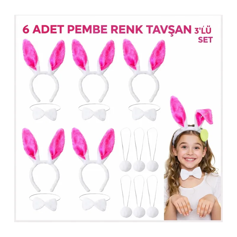 Şeker Pembesi Tavşan Sahne Seti 6'lı Set Taç Papyon Kuyruk