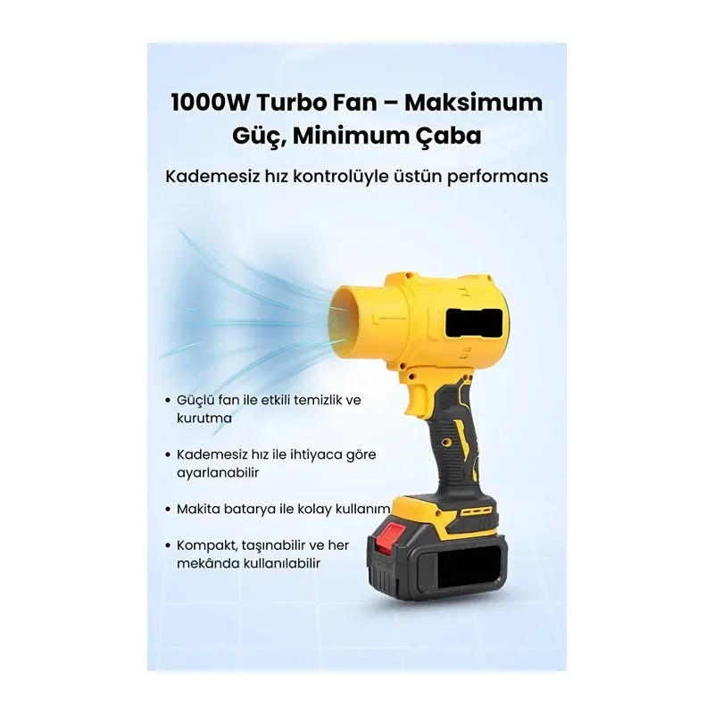 21V Kablosuz Hava Üfleyici | 32.000RPM Turbo Fan, 12.000mAh Batarya, Bahçe & Araç Kurutma / Sarı