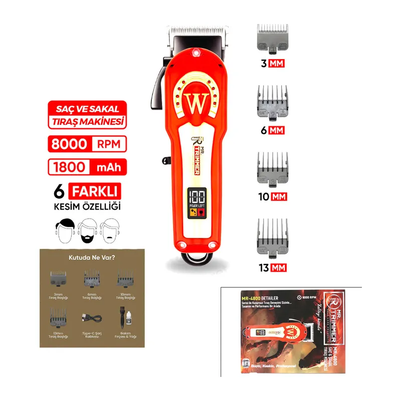 Saç - Sakal Kesme Traş Makinesi Ayarlanabilir Bıçak - 0,1MM-0,5MM 8000RPM 6 Farklı Kesim MR-4800