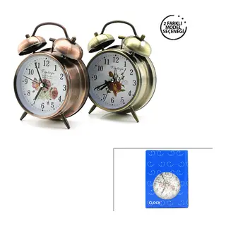 Twın Bell Alarm Clock Yuvarlak Masa Çalar Saat Metal Kasa Eskitme Desenli Pilli - Işıklı Çap: 10CM BGC-52 Herhangi Bir Renk Gönderilir