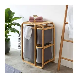 Kirli Çamaşır Sepeti Ahşap - Bambu 3 Organizer Bölmeli Kumaş Çantalı 50X30X70CM