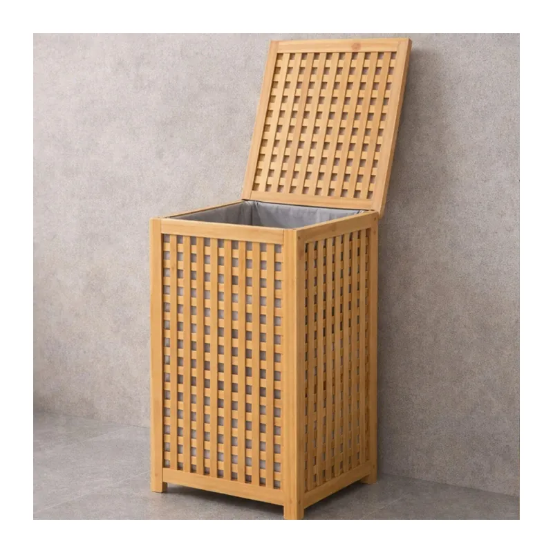 Kalın Ahşap Bambu Kirli Çamaşır Sepeti Kumaş Çantalı SEPET=40X40X58CM