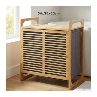 Kalın Ahşap Bambu 2 Bölmeli Kirli Çamaşır Sepeti Kumaş Çantalı SEPET=54X35X60CM