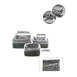 Gri 3 Boy Kare Bambu Kenar Organizer Sepet Ahşap Altlık - Bezli 17X21X25CM