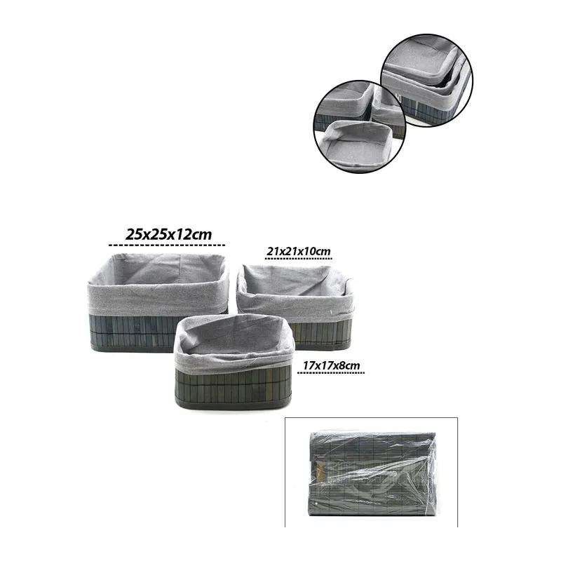 Gri 3 Boy Kare Bambu Kenar Organizer Sepet Ahşap Altlık - Bezli 17X21X25CM