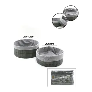 Gri 2 Boy Yuvarlak Bambu Kenar Organizer Sepet Ahşap Altlık - Bezli ÇAP=22X24CM