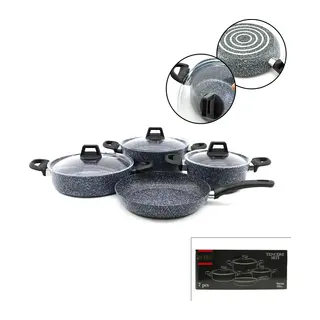 Gri 7 Parça Granit Tencere - Tava Seti 20-24CM Derin - 27CM Basık Cam Kapak Tencere - 26CM Tava