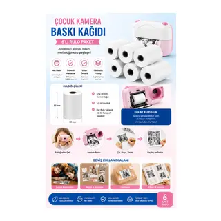 Çocuk Fotoğraf Makinesi Yedek Termal Baskı Kağıdı (6’lı Rulo) – 57x25mm