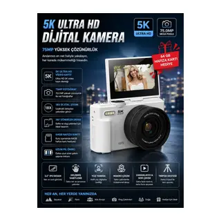 5K 75MP HD Dijital Kamera 18X Dijital Zoom, Flaşlı,3.0 inç Ekranlı Fotoğraf Makinesi