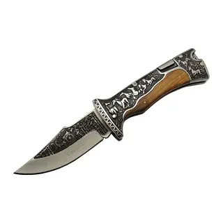 A3189C Kahve Kamp Çakısı 23cm- Manuel, At İşlemeli Ahşap Sap, Özel Kutulu, Kılıflı