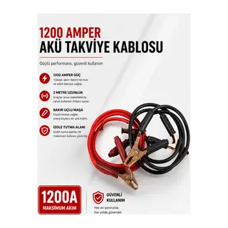 1200 Amper Akü Takviye Kablosu 2 Metre Bakır Uçlu