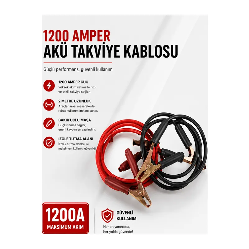 1200 Amper Akü Takviye Kablosu 2 Metre Bakır Uçlu