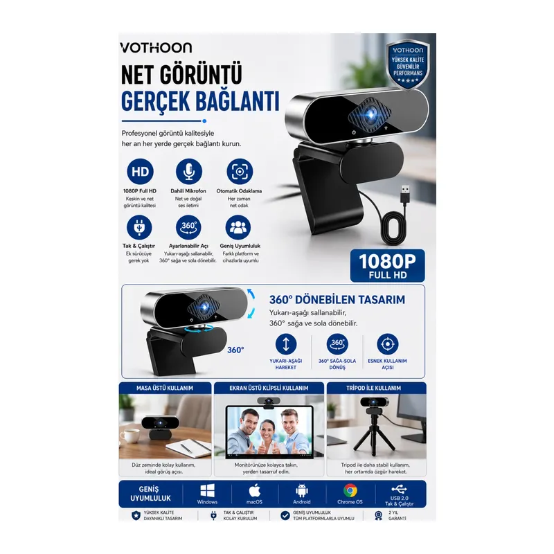WebCam Orjınal 1080p HD Konferans Kamera Dahili Mikrofon Görüntülü Sohbet Yayın Kamerası HD Video AE-104
