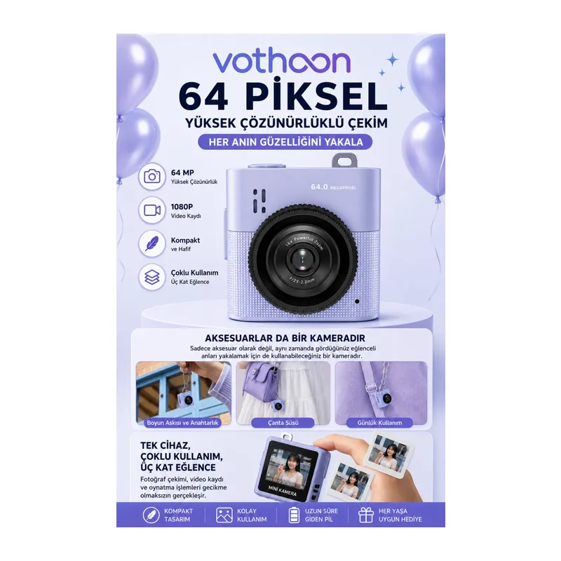 Mini Dijital Kamera 64MP 16x Digital Zoom Retro Vintage 1.4’’Ekranlı Video Kamera Taşınabilir Tasarım Mavi
