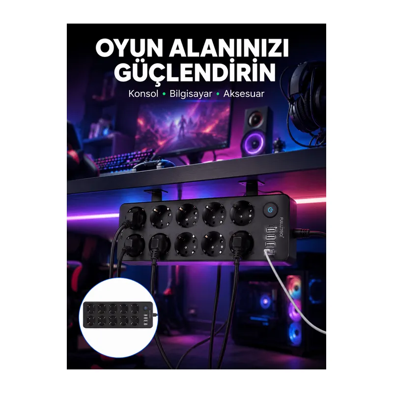 USB ve Type-C Çıkışlı 10'lu Akım Korumalı Çoklu Priz Güç Dağıtıcı