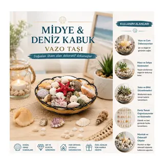 Ahşap Yuvarlak Sepet - Fileli Renkli Mix Midye - Deniz Kabuk Vazo Taşı
