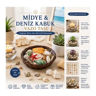Yuvarlak Ahşap Sepet Renkli Mix Midye - Deniz Kabuk Vazo Taşı