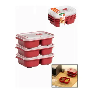 3 Pcs Kırmızı Bölme Dikdörtgen Saklama Kabı Seti 1200ML
