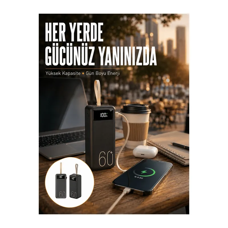 Powerbank 60.000 Mah Taşınabilir Şarj Hızlı El Fenerli Dijital Göstergeli Yeni Nesil