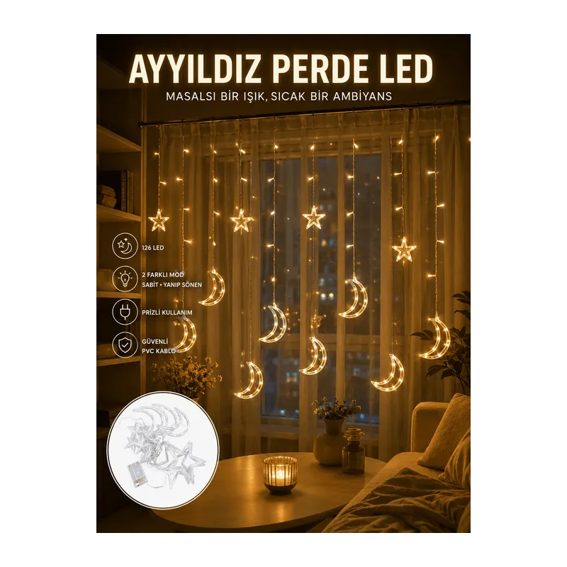 Yıldız ve Ay Figürlü Prizli Perde LED Işık Romantik Ortam Aydınlatması Yeni Nesil