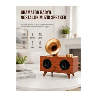 Bluetooth Nostalji Speaker Radyo Gramofon Ahşap Renk Vintage Yeni Nesil