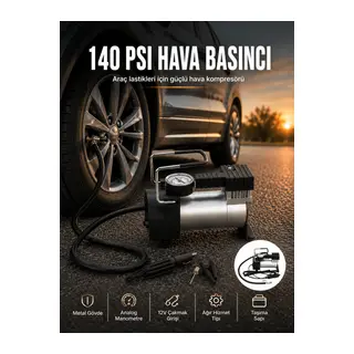 Ağır Hizmet Tipi Oto Kompresör 140 PSI Manometreli