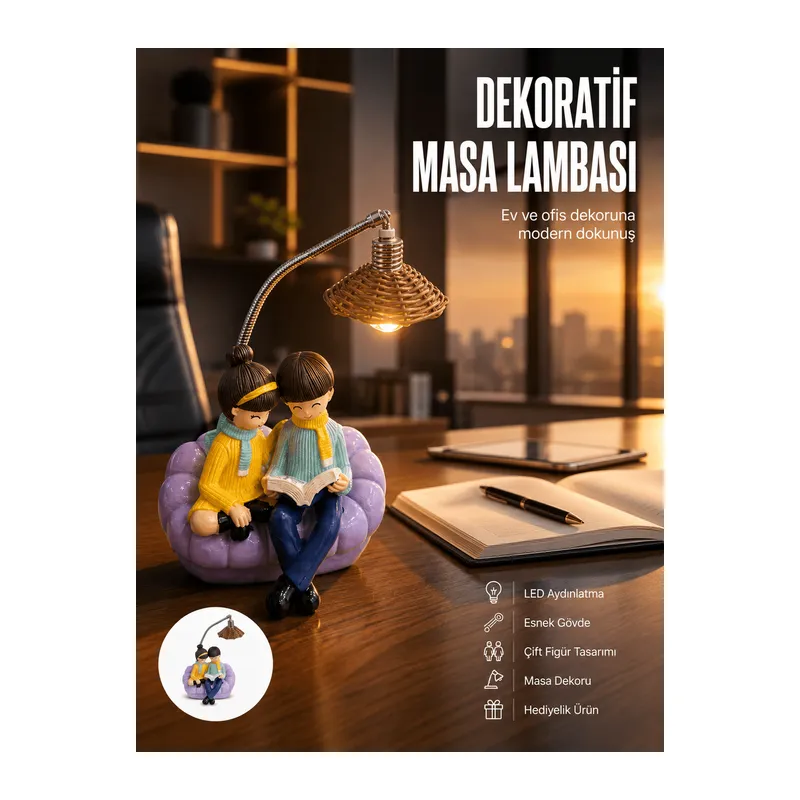 Romantik Çift Temalı Dekoratif Masa Lambası Yumuşak LED Işık