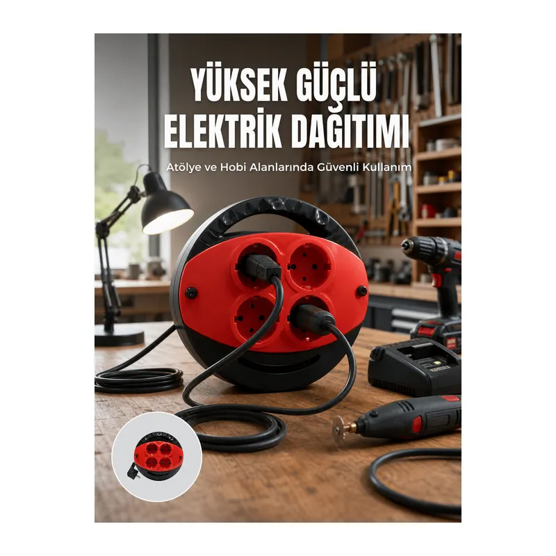 5 Metre Uzatma Kablolu 4 Prizli Makara Kırmızı