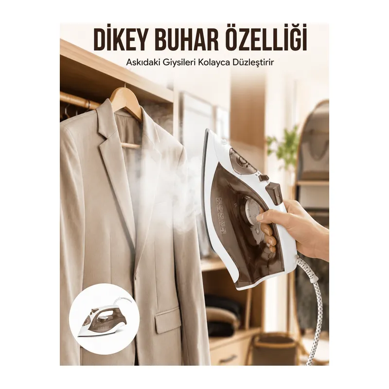 Kahverengi Buharlı Ütü 2200W Sürekli Buhar 120 g Şok Buhar