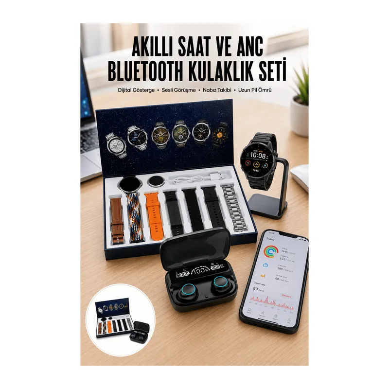 Ucuz Kaliteli Yeni Nesil 7 Kordonlu Akıllı Saat ve Kablosuz Bluetooth Kulaklık ANC Özelliği