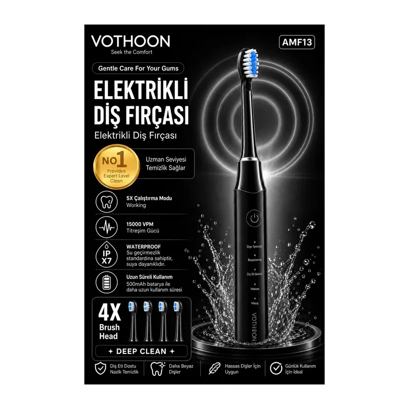Şarjlı Diş Fırçası 15000 VPM Titreşim Gücü, 500mAh Batarya, 5 Temizlik Modu siyah