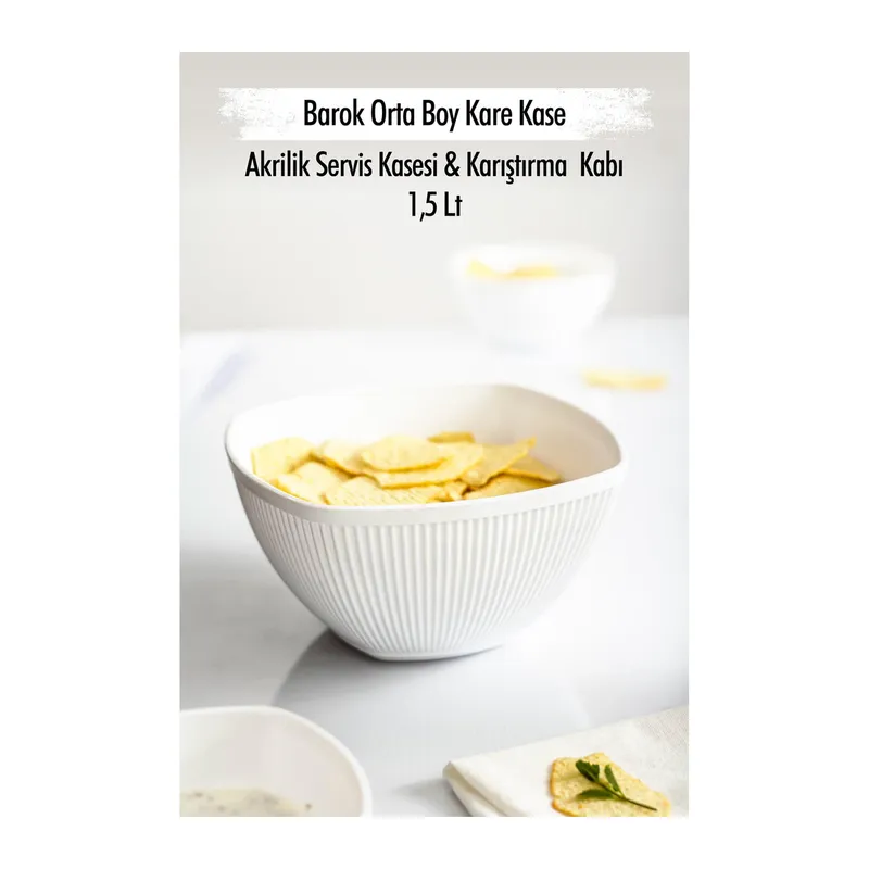 Akrilik Barok Beyaz Orta Boy Kare Meyve & Salata Kasesi & Karıştırma Kabı / 1,5 Lt (CAM DEĞİLDİR)
