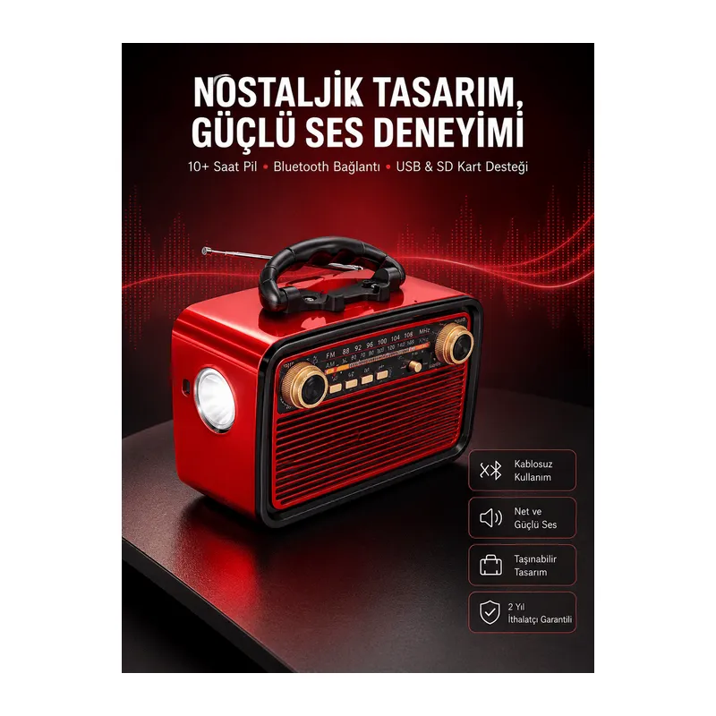 Nostaljik Görünümlü Ahşap Radyo TF SD USB Girişli Led Fener Işıklı