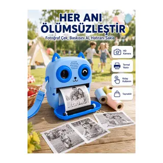 Çocuklar İçin Termal Baskılı Dijital Fotoğraf Makinesi Ön ve Arka Kameralı