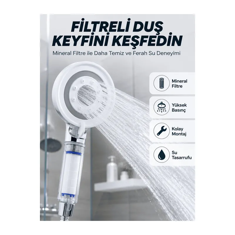 Şeffaf Filtre Hazneli Duş Başlığı Güçlü Akışlı Pratik Banyo Duşu