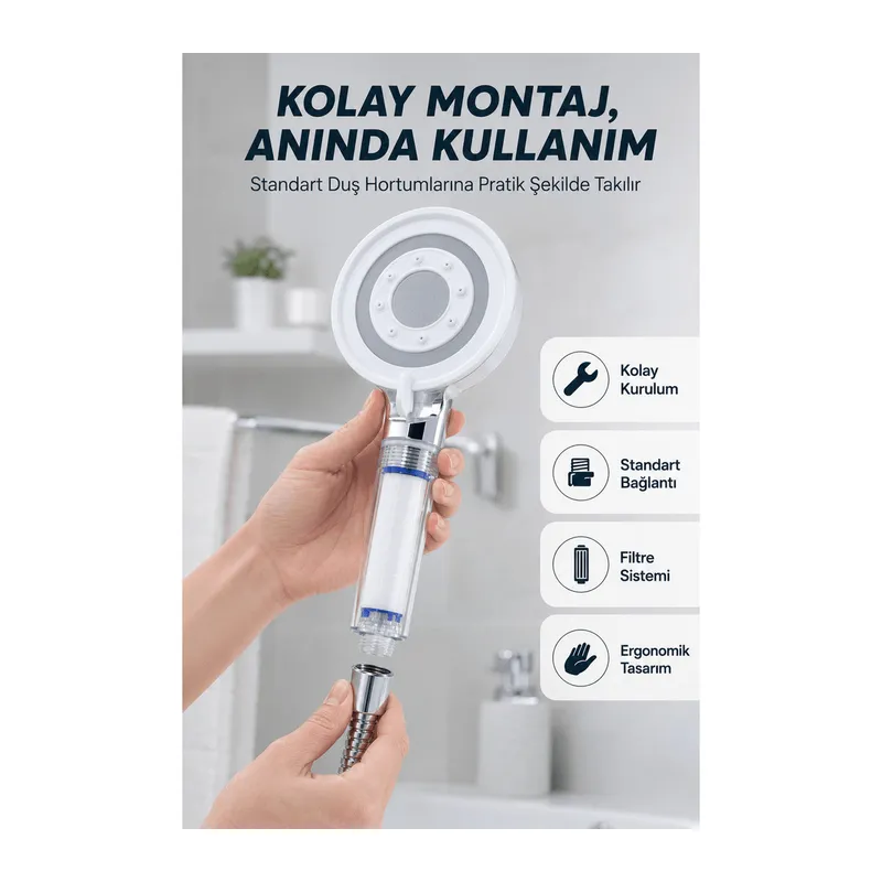 Filtre Hazneli Basınç Artırıcı Duş Başlığı Kireç Filtreli El Duşu
