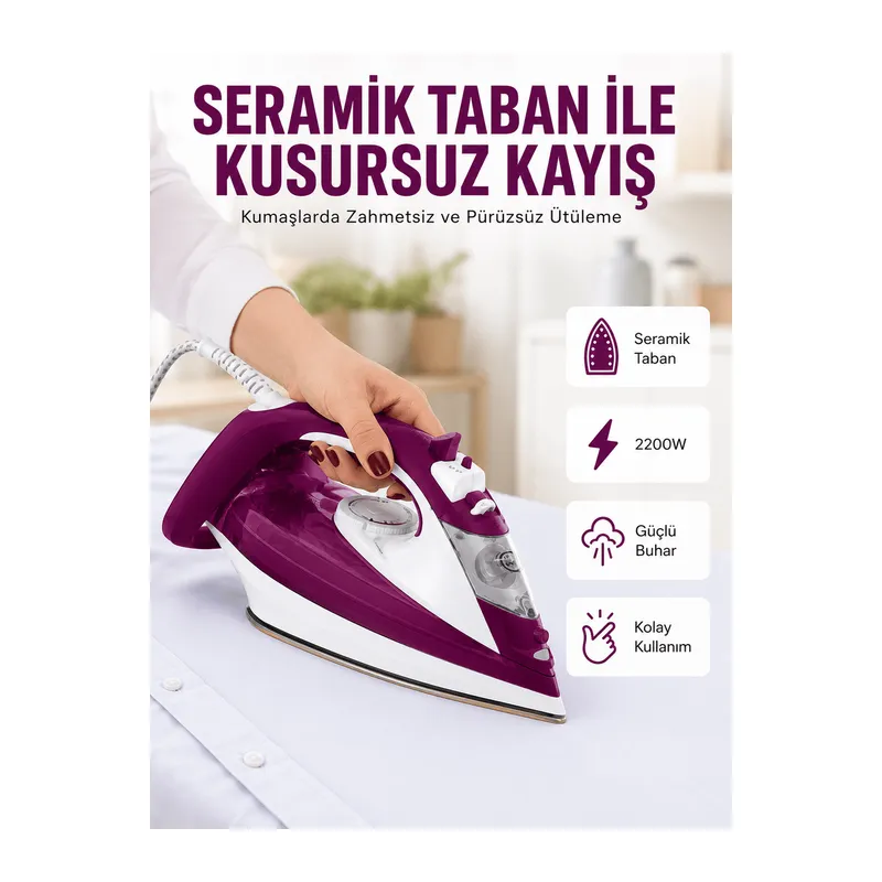 Buharlı Kablolu Ütü 2200 Watt Kireçlenme Önleyici Şok Buharlı Yeni Nesil