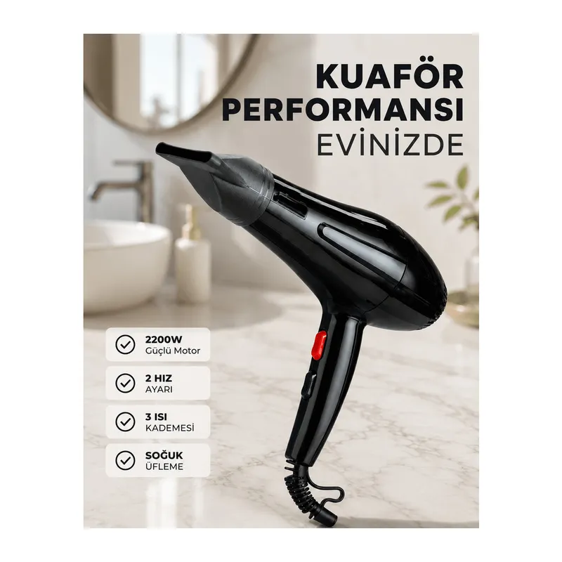 2200W Saç Kurutma Makinesi Soğuk ve Sıcak Üfleme Fonksiyonlu