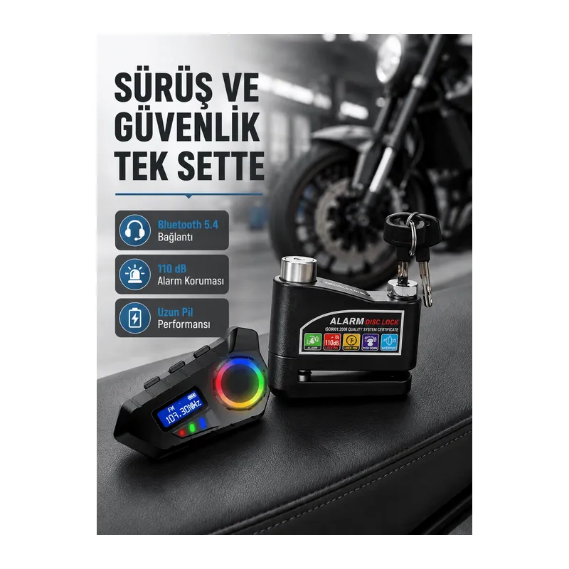 Bluetooth 5.4 İntercom ve Alarmlı Disk Kilidi Seti Güçlü Ses ve Güvenlik