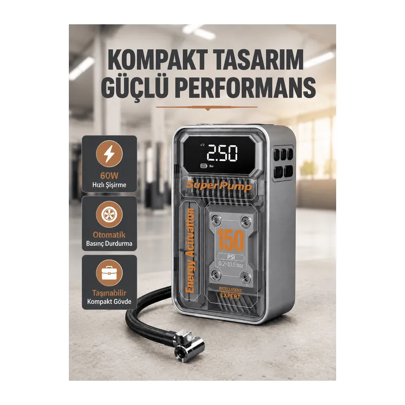150 PSI Kablosuz Şarjlı Hava Pompası – LED Ekranlı ve Otomatik Kapanma Özellikli