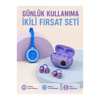 Şarj Kutulu Kablosuz Kulaklık ve Askılı Analog Charm Saat Kampanya Seti Mor Mavi