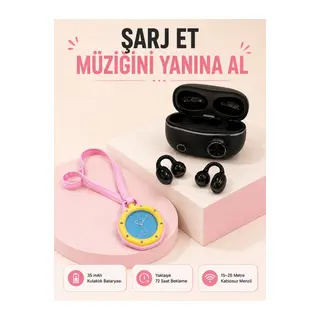 Kablosuz Kulaklık Seti ve Pembe Askılı Analog Charm Saat Günlük Kullanım Kampanyası