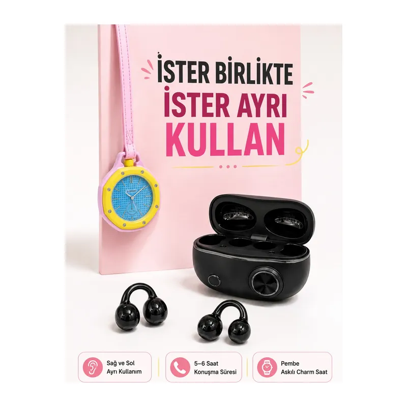 Kablosuz Kulaklık ve Pembe Askılı Çanta Charm Analog Saat Kampanya Seti