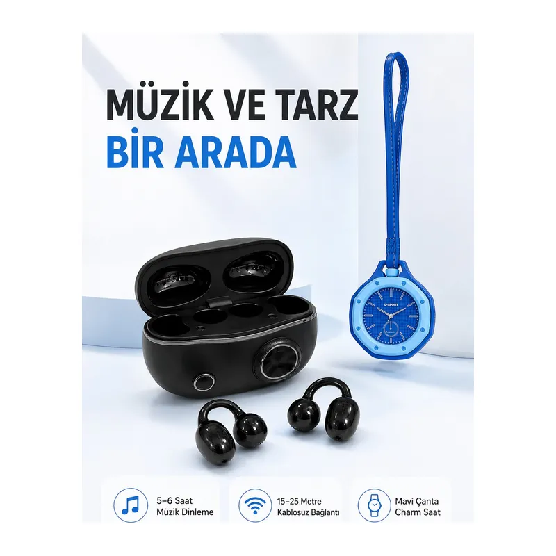 Şarj Kutulu Kablosuz Kulaklık ve Askılı Mavi Charm Saat Avantajlı İkili Set