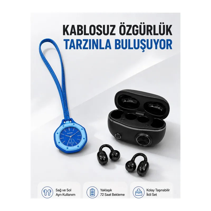 Kablosuz Kulaklık ve Mavi Çanta Charm Saat Kampanya Seti Taşınabilir Günlük Kullanım