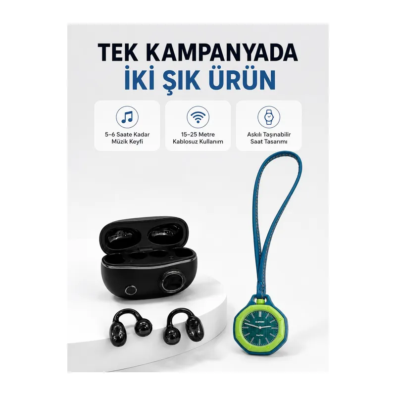 Yeşil Çanta Charm Saat ve Kablosuz Bluetooth Kulaklık İkili Kampanya Seti Günlük Kullanım