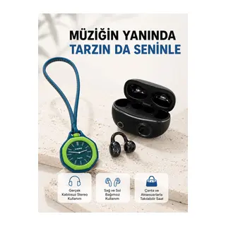 Kablosuz Kulaklık ve Yeşil Askılı Çanta Charm Saat Kampanya Seti Şarj Kutulu Bluetooth Kulaklık
