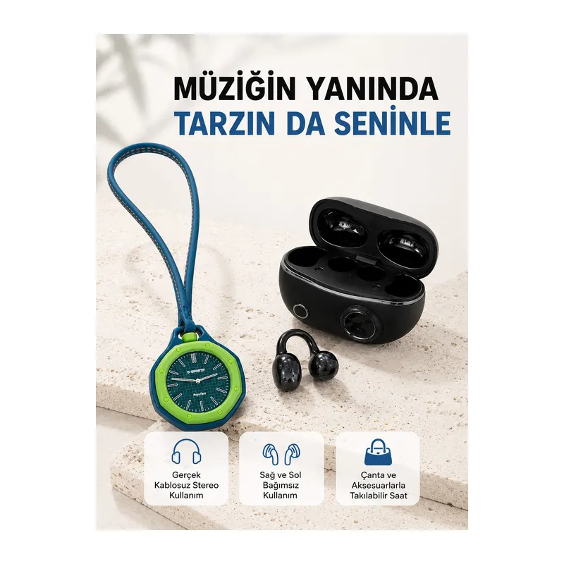 Kablosuz Kulaklık ve Yeşil Askılı Çanta Charm Saat Kampanya Seti Şarj Kutulu Bluetooth Kulaklık