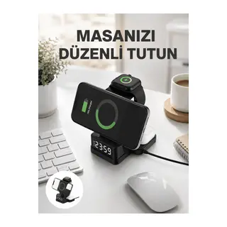 Kablosuz Şarjlı Dijital Masa Saati – 3 Parlaklık Seviyeli LED, Hızlı Şarj Yeni Nesil